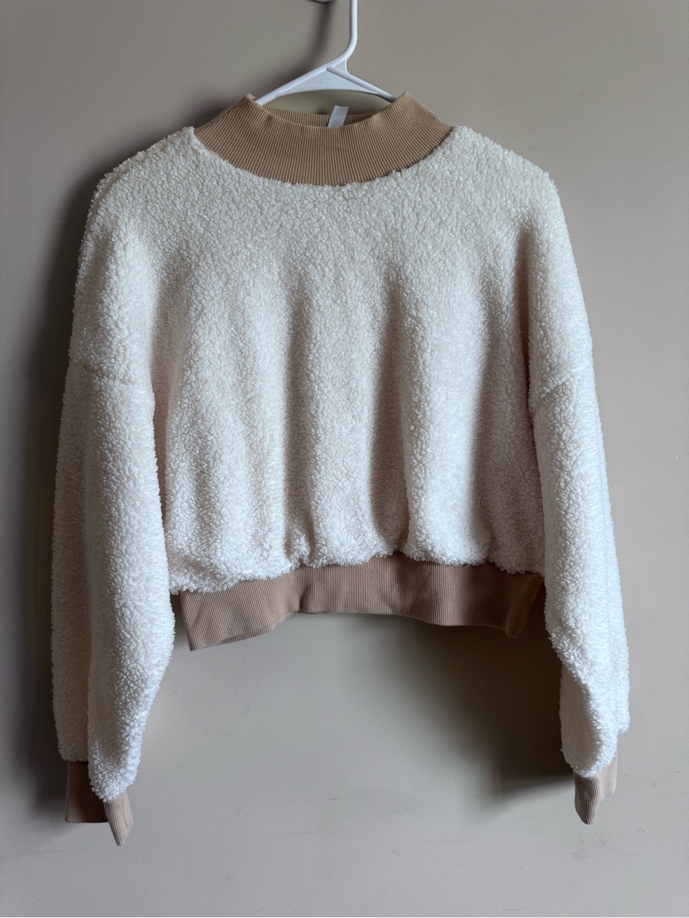 Fabletics Cream Sherpa Crew with Tan Rib Trim